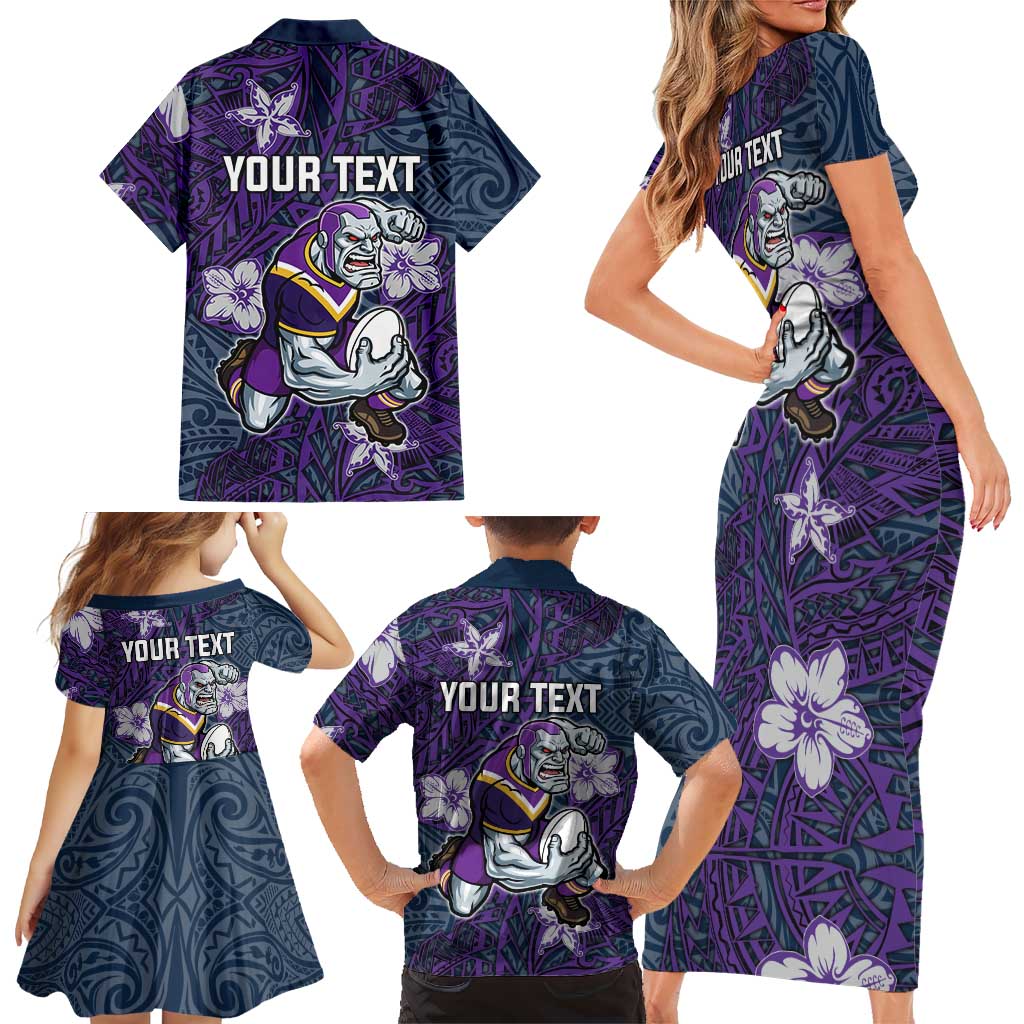 Personalised Melbourne Storm Family Matching Short Sleeve Bodycon Dress and Hawaiian Shirt Polynesian Tribal Pattern With Rugby Storm Man Mascot Art