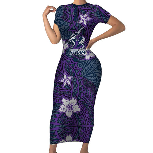 Personalised Melbourne Storm Family Matching Short Sleeve Bodycon Dress and Hawaiian Shirt Polynesian Tribal Pattern With Rugby Storm Man Mascot Art