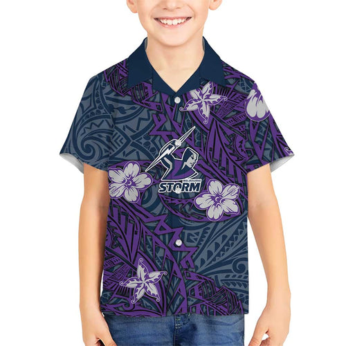 Personalised Melbourne Storm Family Matching Short Sleeve Bodycon Dress and Hawaiian Shirt Polynesian Tribal Pattern With Rugby Storm Man Mascot Art