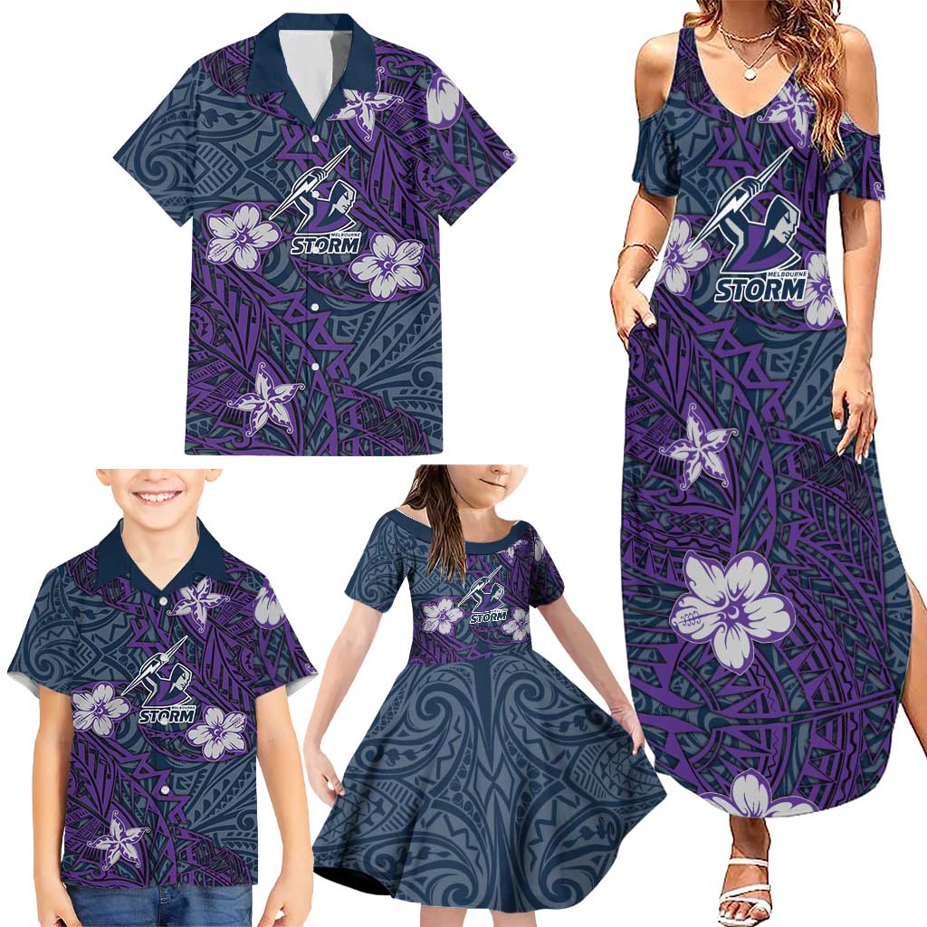 Personalised Melbourne Storm Family Matching Summer Maxi Dress and Hawaiian Shirt Polynesian Tribal Pattern With Rugby Storm Man Mascot Art