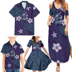 Personalised Melbourne Storm Family Matching Summer Maxi Dress and Hawaiian Shirt Polynesian Tribal Pattern With Rugby Storm Man Mascot Art