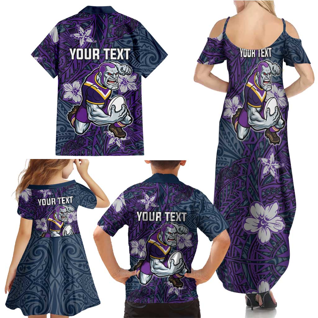 Personalised Melbourne Storm Family Matching Summer Maxi Dress and Hawaiian Shirt Polynesian Tribal Pattern With Rugby Storm Man Mascot Art