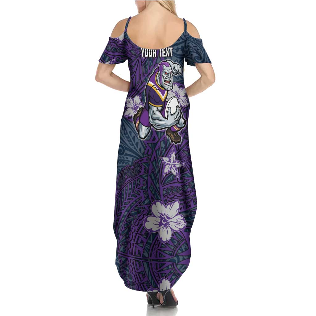 Personalised Melbourne Storm Family Matching Summer Maxi Dress and Hawaiian Shirt Polynesian Tribal Pattern With Rugby Storm Man Mascot Art