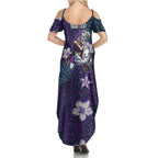 Personalised Melbourne Storm Family Matching Summer Maxi Dress and Hawaiian Shirt Polynesian Tribal Pattern With Rugby Storm Man Mascot Art
