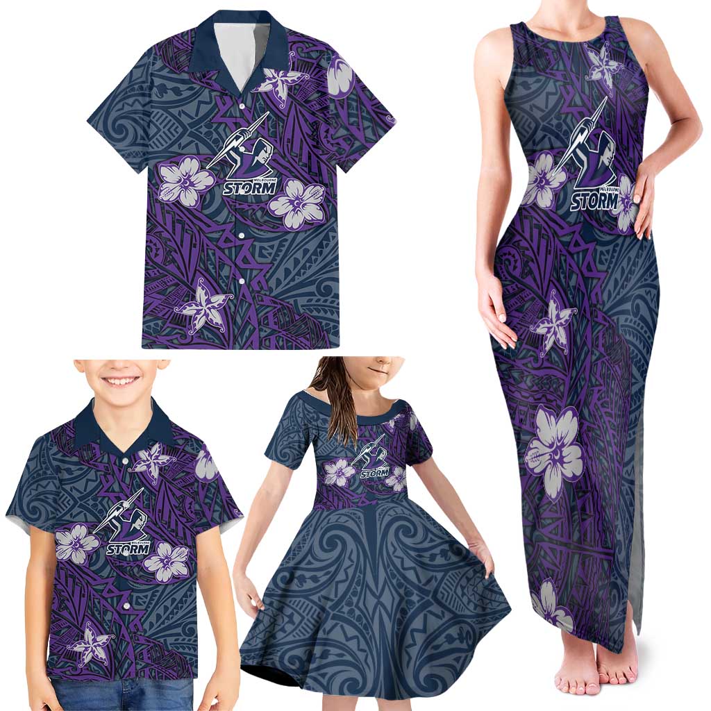 Personalised Melbourne Storm Family Matching Tank Maxi Dress and Hawaiian Shirt Polynesian Tribal Pattern With Rugby Storm Man Mascot Art