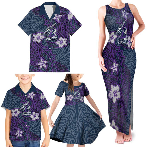 Personalised Melbourne Storm Family Matching Tank Maxi Dress and Hawaiian Shirt Polynesian Tribal Pattern With Rugby Storm Man Mascot Art