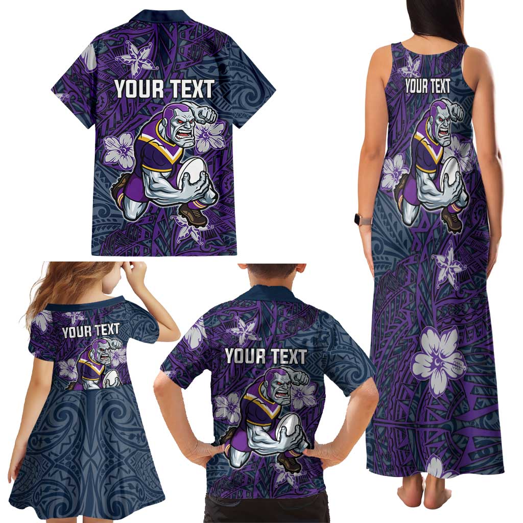 Personalised Melbourne Storm Family Matching Tank Maxi Dress and Hawaiian Shirt Polynesian Tribal Pattern With Rugby Storm Man Mascot Art