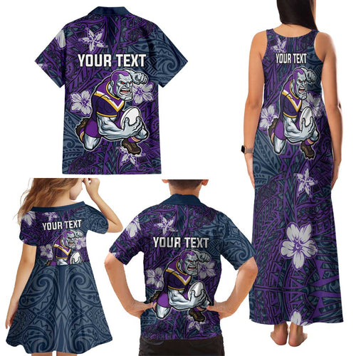 Personalised Melbourne Storm Family Matching Tank Maxi Dress and Hawaiian Shirt Polynesian Tribal Pattern With Rugby Storm Man Mascot Art