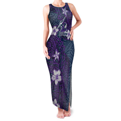 Personalised Melbourne Storm Family Matching Tank Maxi Dress and Hawaiian Shirt Polynesian Tribal Pattern With Rugby Storm Man Mascot Art