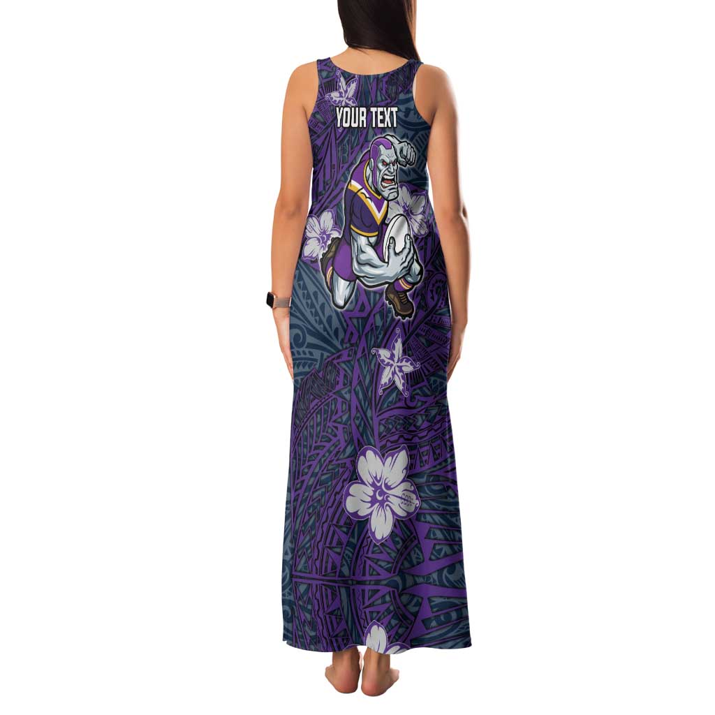 Personalised Melbourne Storm Family Matching Tank Maxi Dress and Hawaiian Shirt Polynesian Tribal Pattern With Rugby Storm Man Mascot Art