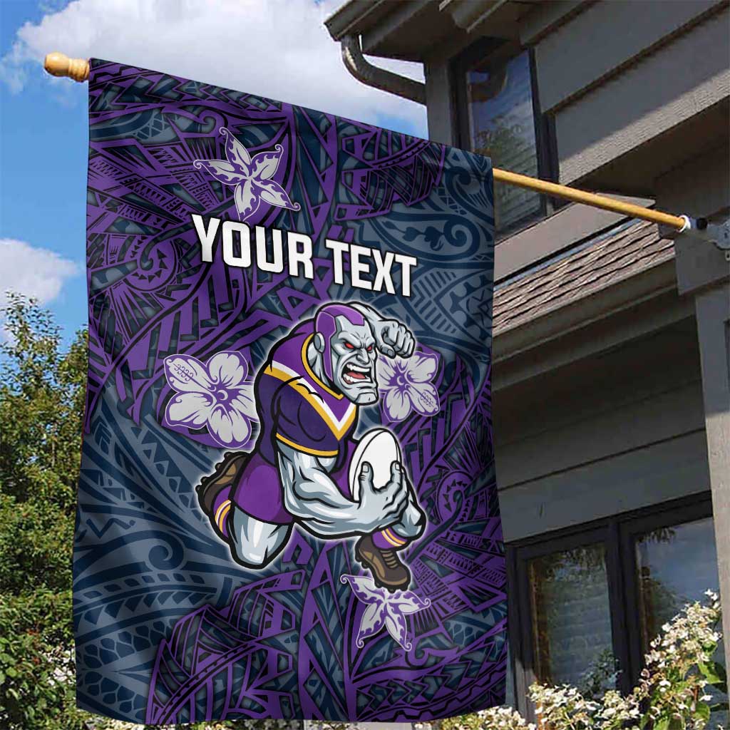 Personalised Melbourne Storm Garden Flag Polynesian Tribal Pattern With Rugby Storm Man Mascot Art