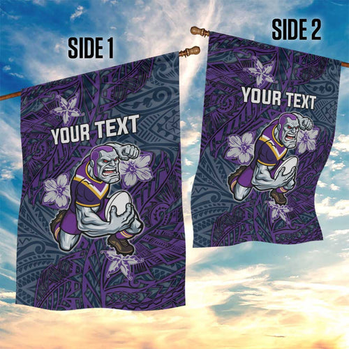 Personalised Melbourne Storm Garden Flag Polynesian Tribal Pattern With Rugby Storm Man Mascot Art