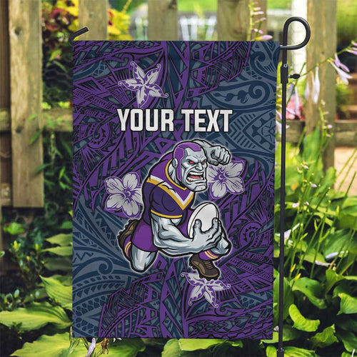 Personalised Melbourne Storm Garden Flag Polynesian Tribal Pattern With Rugby Storm Man Mascot Art