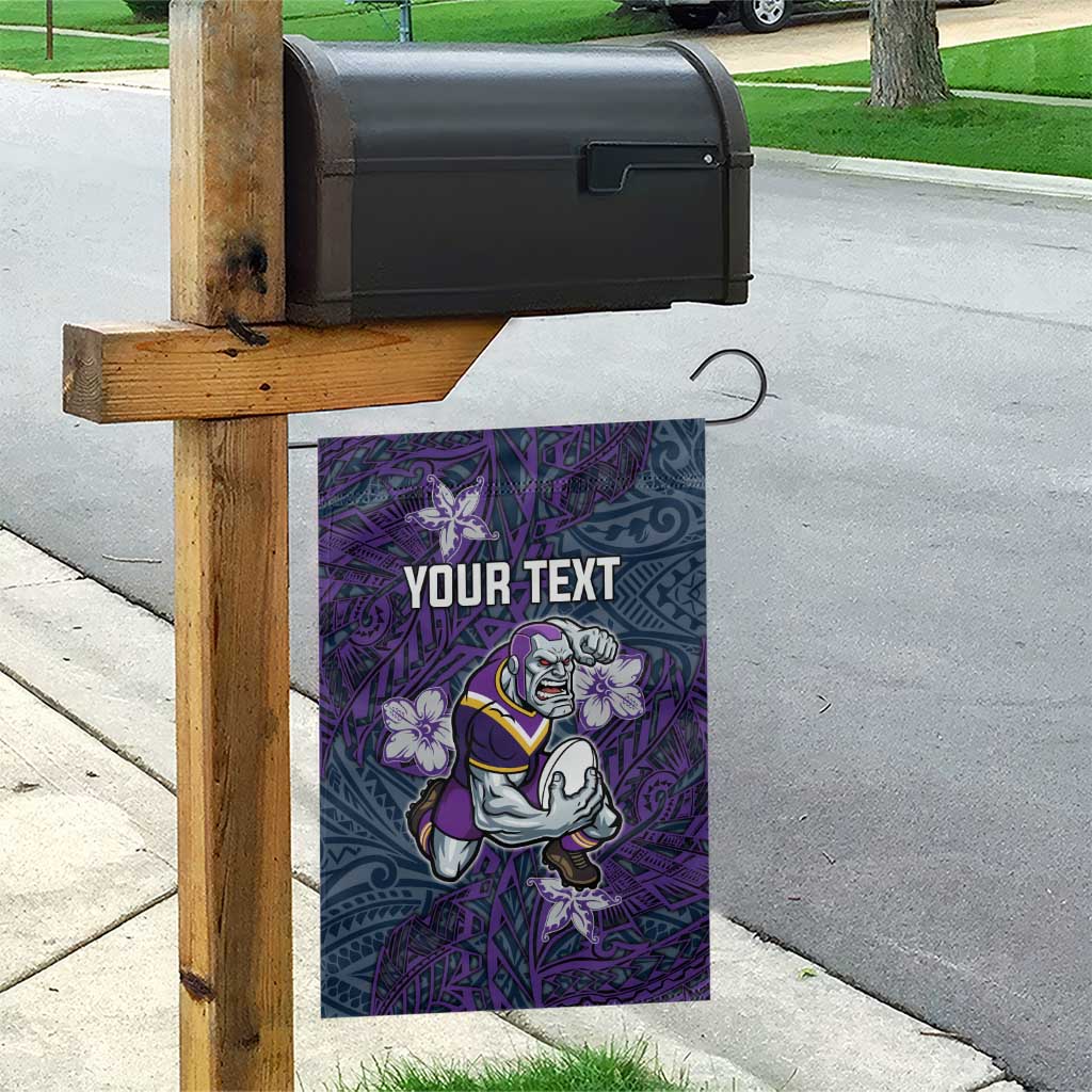 Personalised Melbourne Storm Garden Flag Polynesian Tribal Pattern With Rugby Storm Man Mascot Art