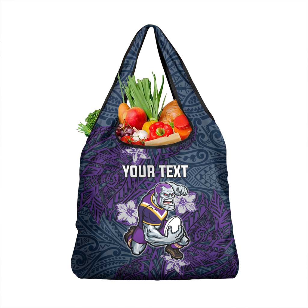 Personalised Melbourne Storm Grocery Bag Polynesian Tribal Pattern With Rugby Storm Man Mascot Art
