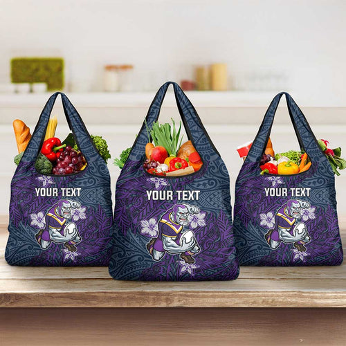 Personalised Melbourne Storm Grocery Bag Polynesian Tribal Pattern With Rugby Storm Man Mascot Art