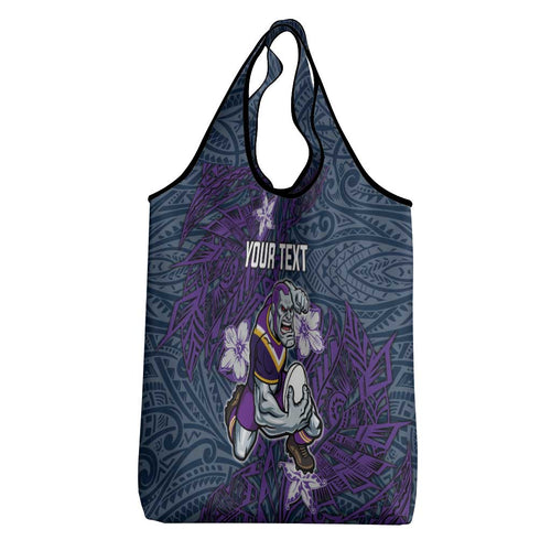 Personalised Melbourne Storm Grocery Bag Polynesian Tribal Pattern With Rugby Storm Man Mascot Art