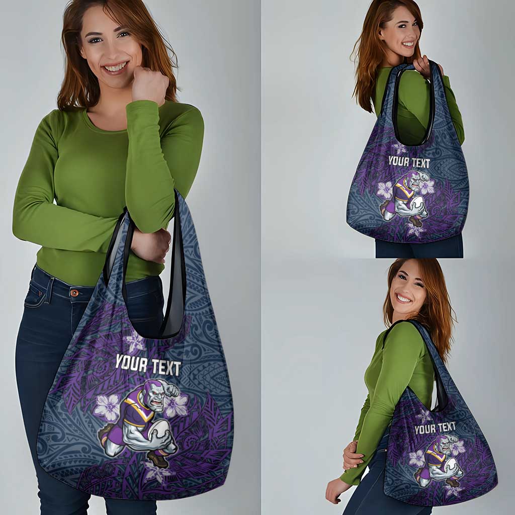 Personalised Melbourne Storm Grocery Bag Polynesian Tribal Pattern With Rugby Storm Man Mascot Art
