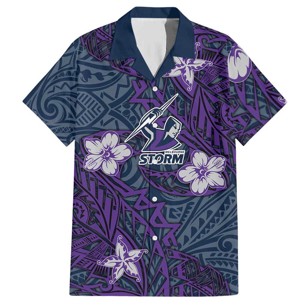 Personalised Melbourne Storm Hawaiian Shirt Polynesian Tribal Pattern With Rugby Storm Man Mascot Art