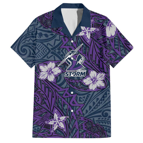 Personalised Melbourne Storm Hawaiian Shirt Polynesian Tribal Pattern With Rugby Storm Man Mascot Art