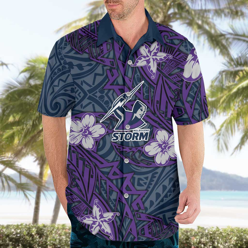 Personalised Melbourne Storm Hawaiian Shirt Polynesian Tribal Pattern With Rugby Storm Man Mascot Art