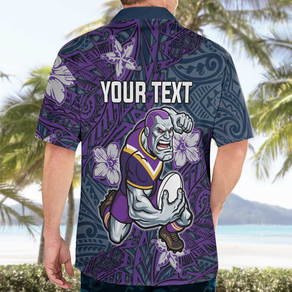 Personalised Melbourne Storm Hawaiian Shirt Polynesian Tribal Pattern With Rugby Storm Man Mascot Art