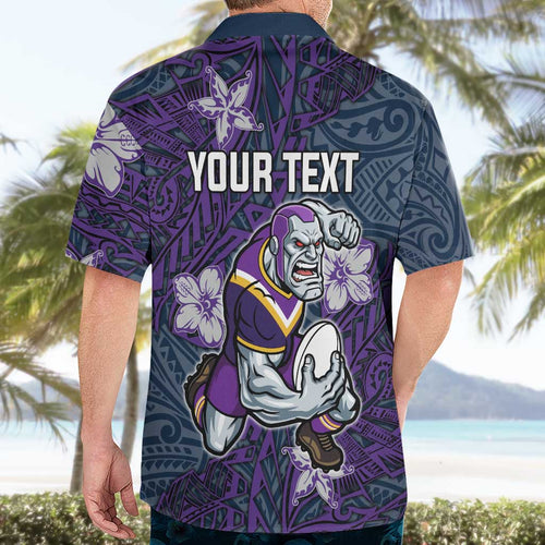 Personalised Melbourne Storm Hawaiian Shirt Polynesian Tribal Pattern With Rugby Storm Man Mascot Art