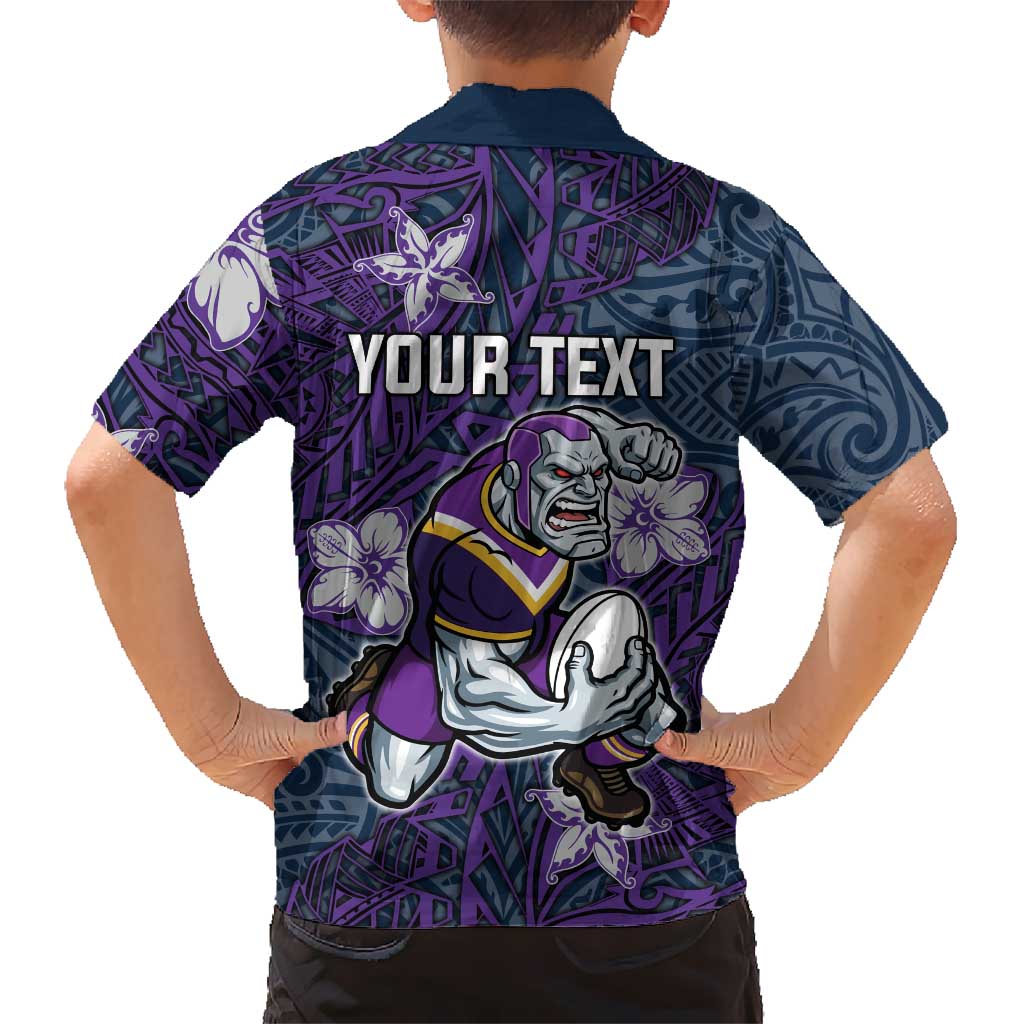 Personalised Melbourne Storm Hawaiian Shirt Polynesian Tribal Pattern With Rugby Storm Man Mascot Art