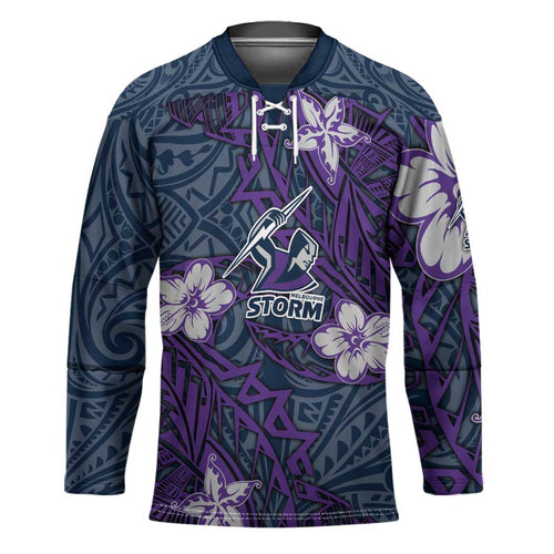 Personalised Melbourne Storm Hockey Jersey Polynesian Tribal Pattern With Rugby Storm Man Mascot Art