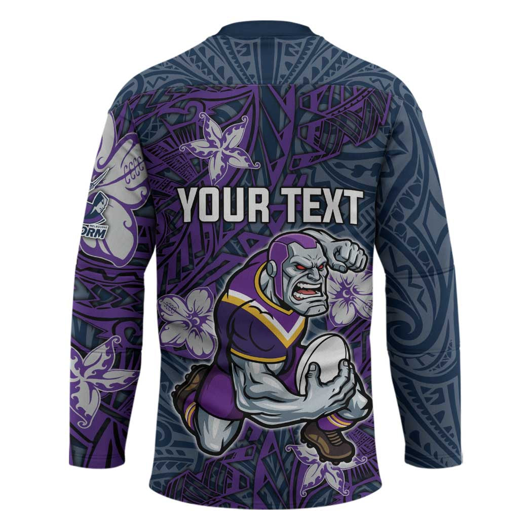 Personalised Melbourne Storm Hockey Jersey Polynesian Tribal Pattern With Rugby Storm Man Mascot Art