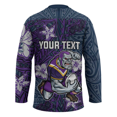 Personalised Melbourne Storm Hockey Jersey Polynesian Tribal Pattern With Rugby Storm Man Mascot Art