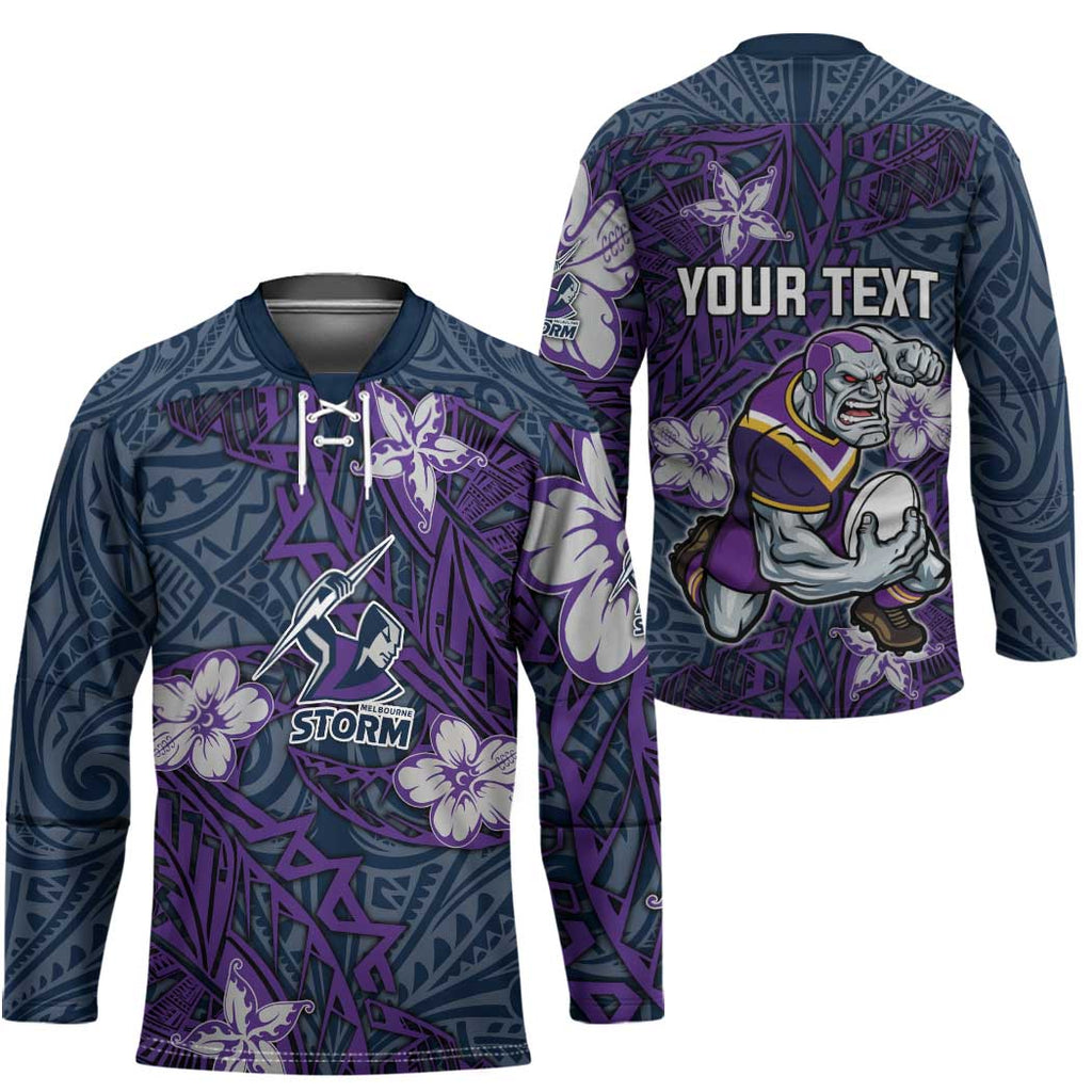 Personalised Melbourne Storm Hockey Jersey Polynesian Tribal Pattern With Rugby Storm Man Mascot Art