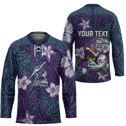 Personalised Melbourne Storm Hockey Jersey Polynesian Tribal Pattern With Rugby Storm Man Mascot Art