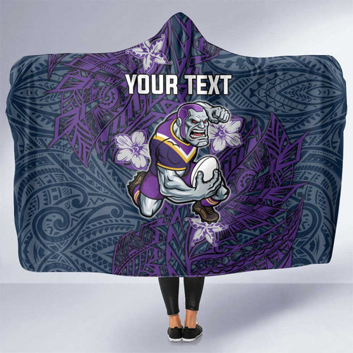 Personalised Melbourne Storm Hooded Blanket Polynesian Tribal Pattern With Rugby Storm Man Mascot Art