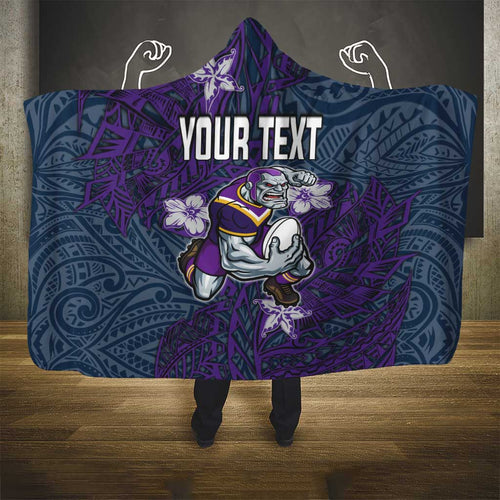 Personalised Melbourne Storm Hooded Blanket Polynesian Tribal Pattern With Rugby Storm Man Mascot Art
