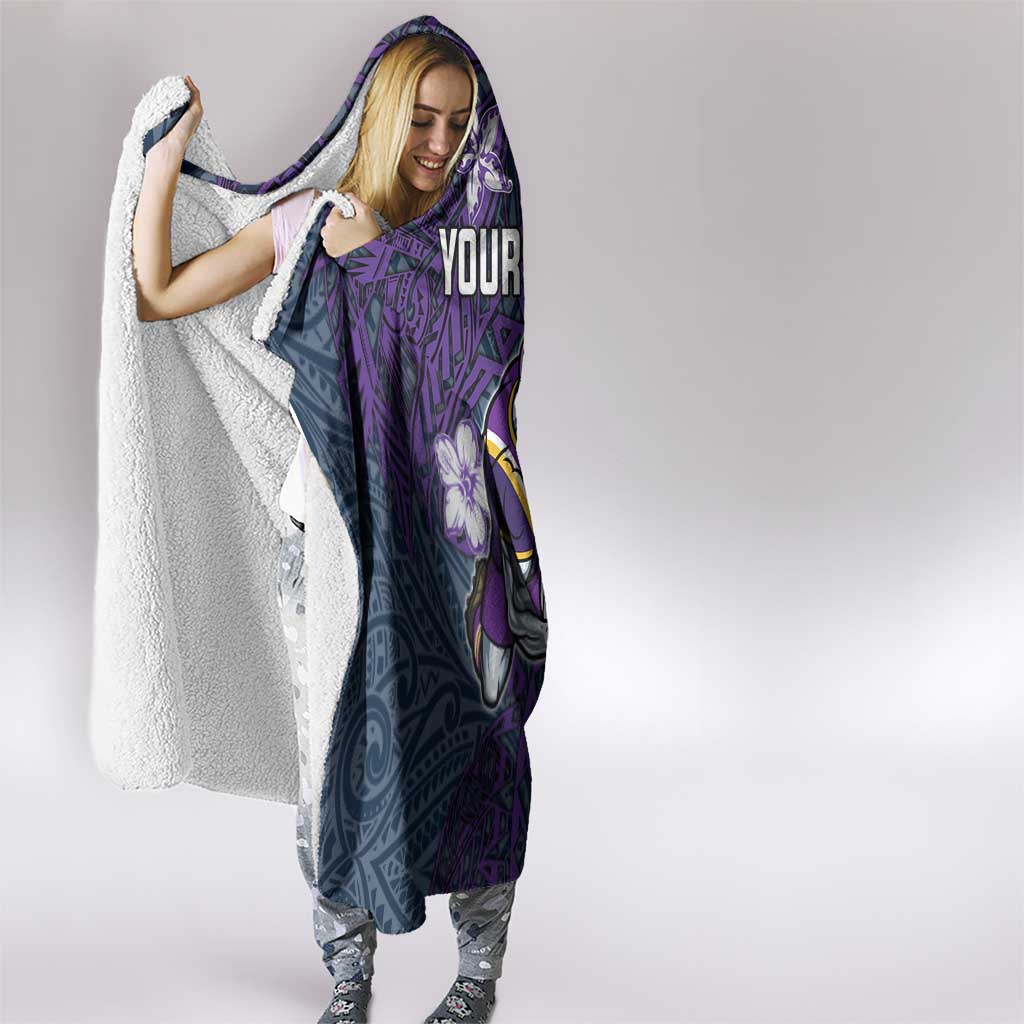 Personalised Melbourne Storm Hooded Blanket Polynesian Tribal Pattern With Rugby Storm Man Mascot Art
