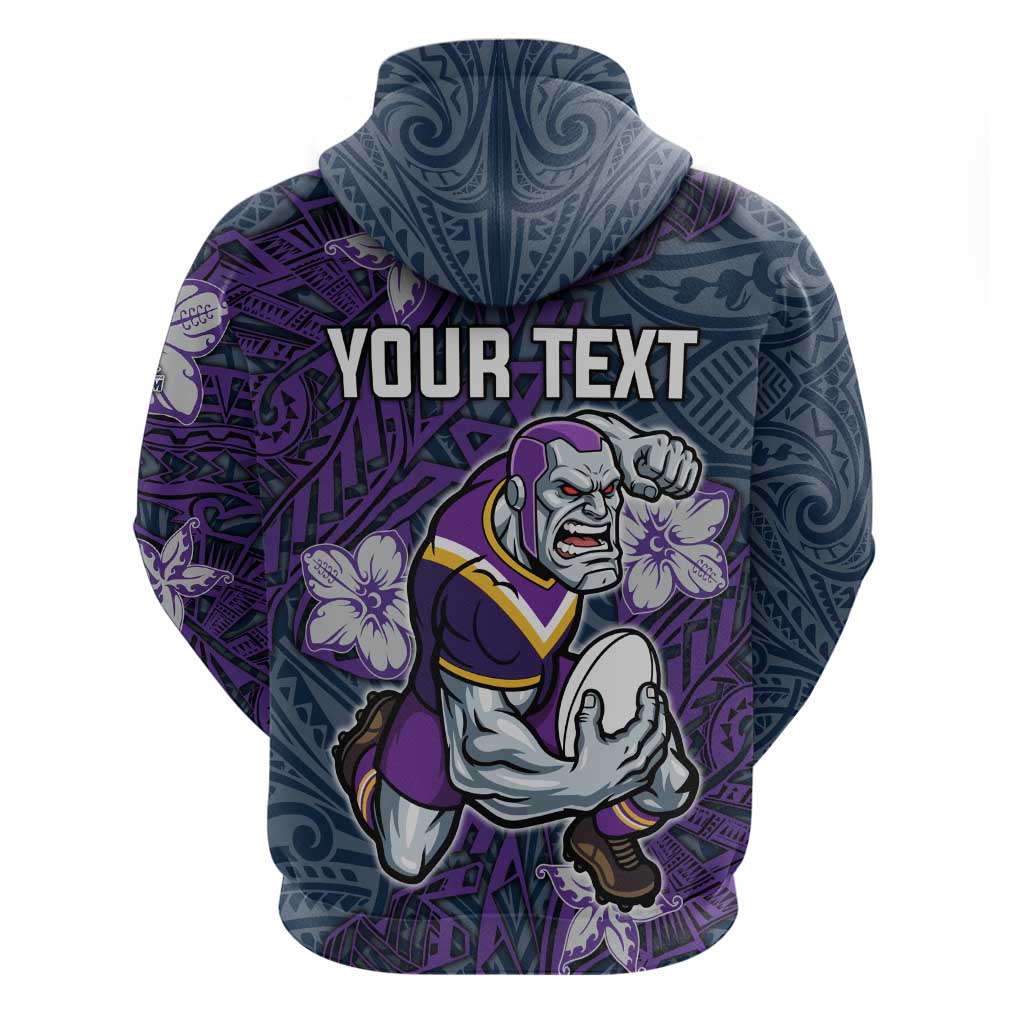 Personalised Melbourne Storm Hoodie Polynesian Tribal Pattern With Rugby Storm Man Mascot Art