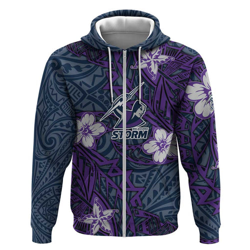 Personalised Melbourne Storm Hoodie Polynesian Tribal Pattern With Rugby Storm Man Mascot Art