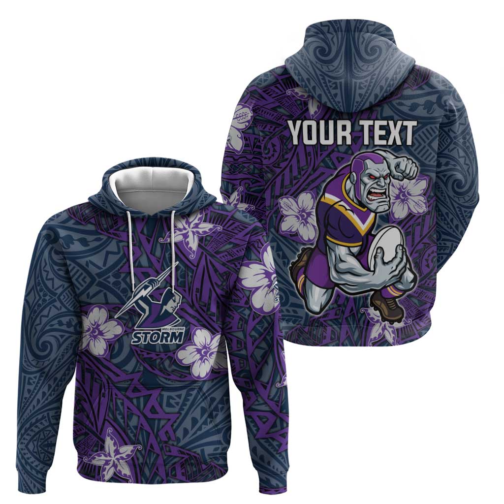 Personalised Melbourne Storm Hoodie Polynesian Tribal Pattern With Rugby Storm Man Mascot Art