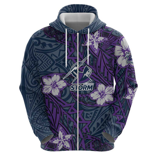 Personalised Melbourne Storm Hoodie Polynesian Tribal Pattern With Rugby Storm Man Mascot Art