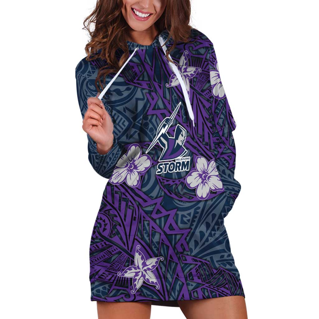 Personalised Melbourne Storm Hoodie Dress Polynesian Tribal Pattern With Rugby Storm Man Mascot Art