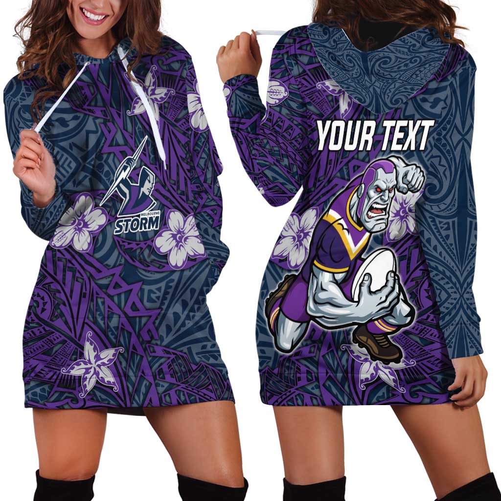 Personalised Melbourne Storm Hoodie Dress Polynesian Tribal Pattern With Rugby Storm Man Mascot Art