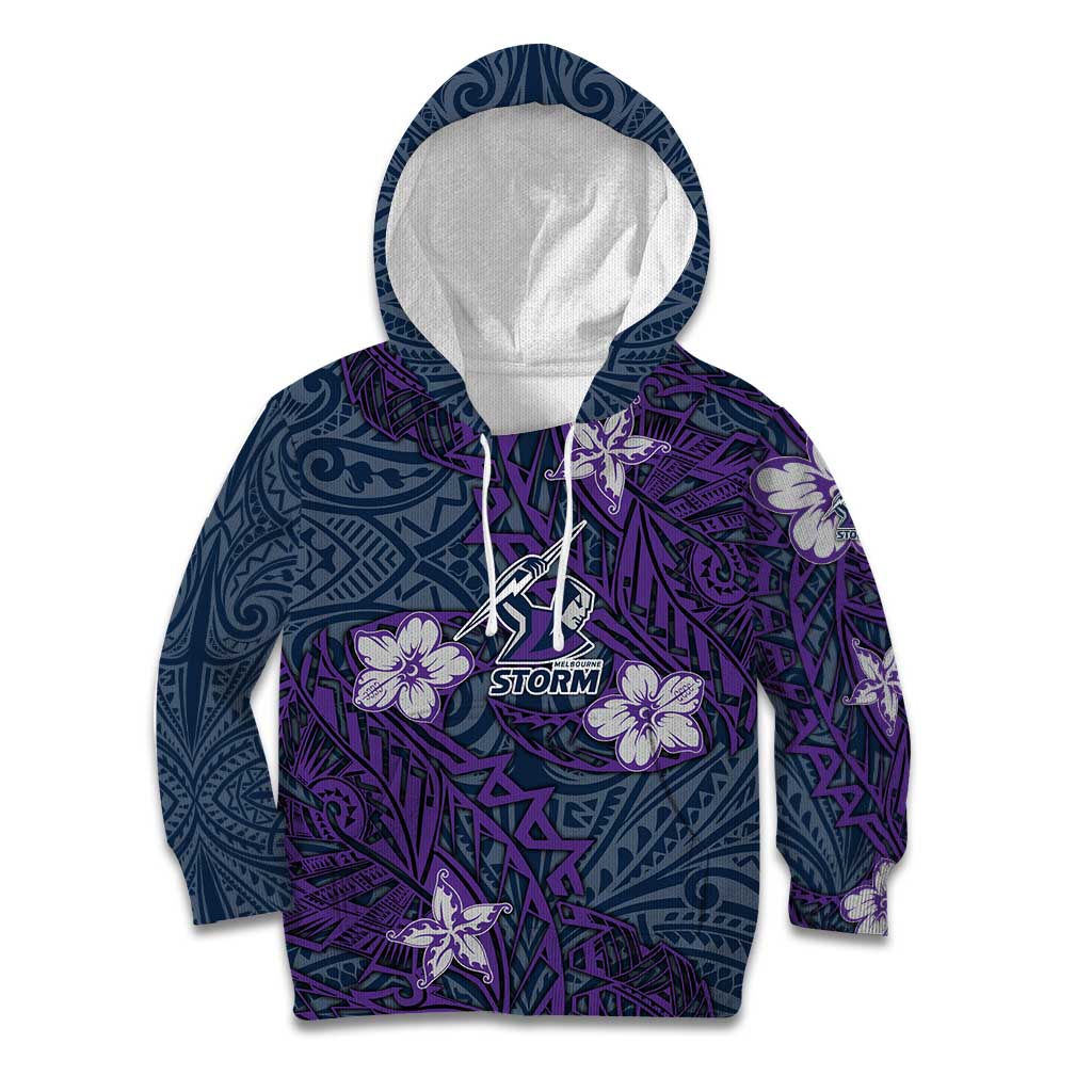 Personalised Melbourne Storm Kid Hoodie Polynesian Tribal Pattern With Rugby Storm Man Mascot Art
