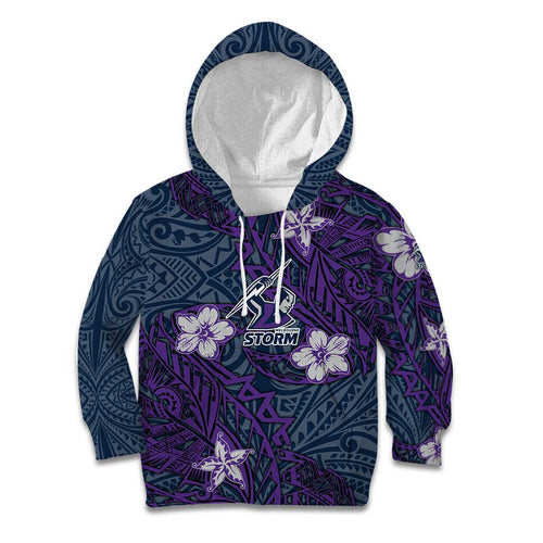 Personalised Melbourne Storm Kid Hoodie Polynesian Tribal Pattern With Rugby Storm Man Mascot Art