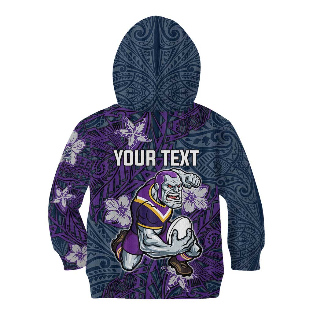 Personalised Melbourne Storm Kid Hoodie Polynesian Tribal Pattern With Rugby Storm Man Mascot Art