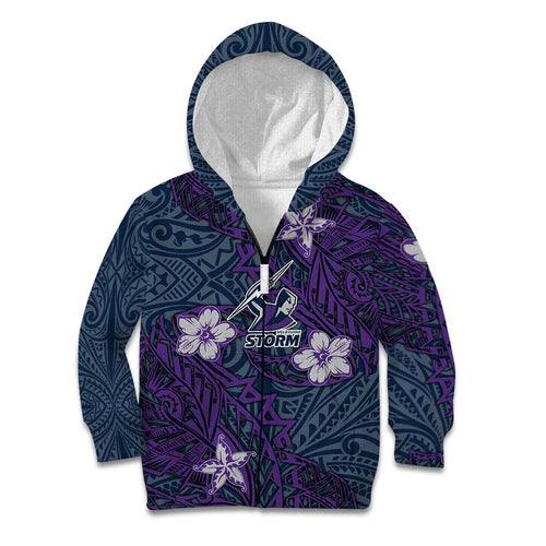 Personalised Melbourne Storm Kid Hoodie Polynesian Tribal Pattern With Rugby Storm Man Mascot Art