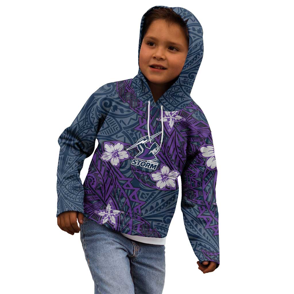Personalised Melbourne Storm Kid Hoodie Polynesian Tribal Pattern With Rugby Storm Man Mascot Art