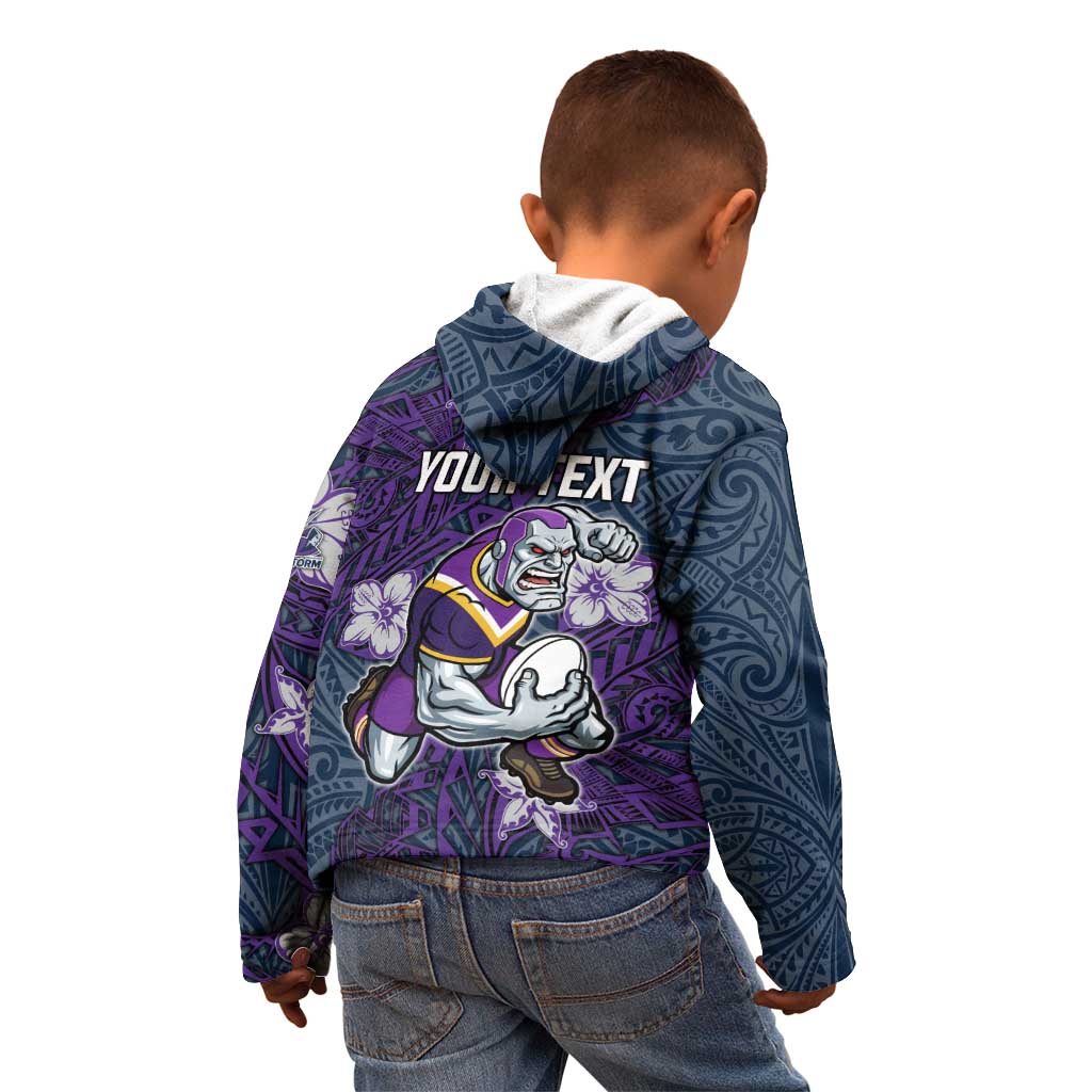 Personalised Melbourne Storm Kid Hoodie Polynesian Tribal Pattern With Rugby Storm Man Mascot Art