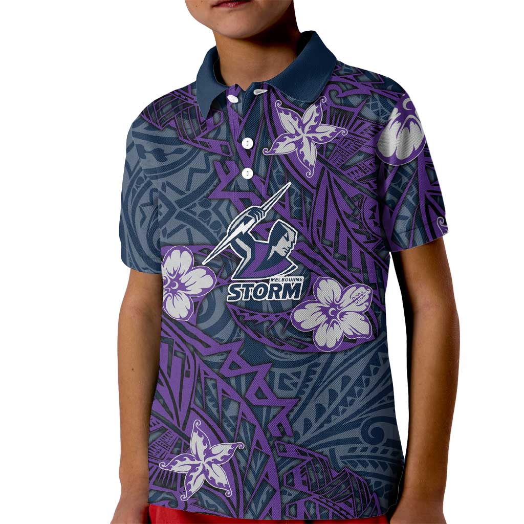 Personalised Melbourne Storm Kid Polo Shirt Polynesian Tribal Pattern With Rugby Storm Man Mascot Art