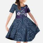 Personalised Melbourne Storm Kid Short Sleeve Dress Polynesian Tribal Pattern With Rugby Storm Man Mascot Art